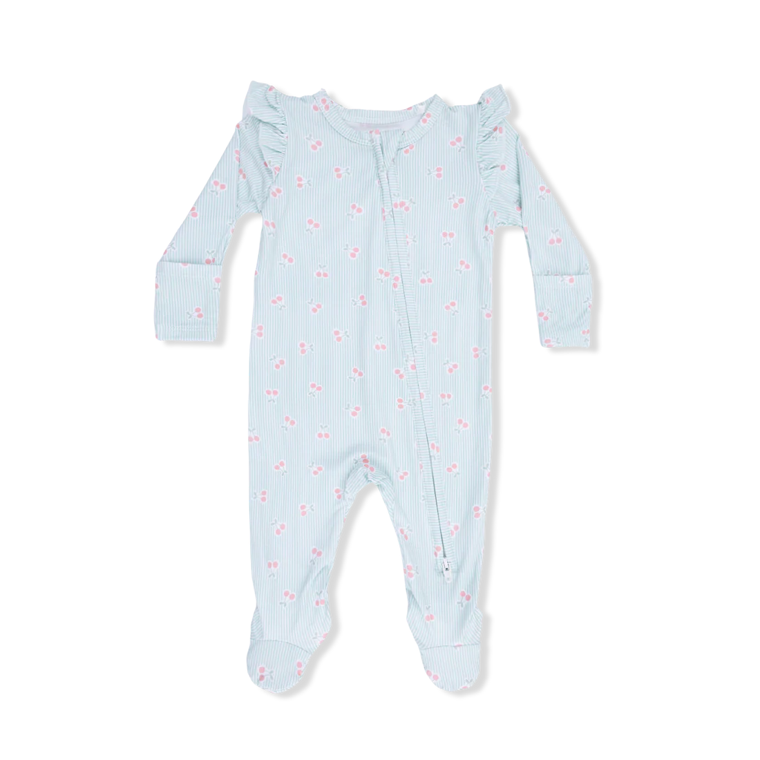 Tiny Cherry Stripe  2 Way Ruffle Sleeve Zipper Footie