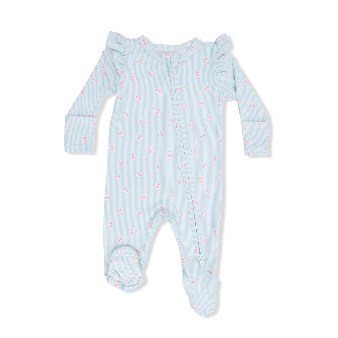 Tiny Cherry Stripe  2 Way Ruffle Sleeve Zipper Footie