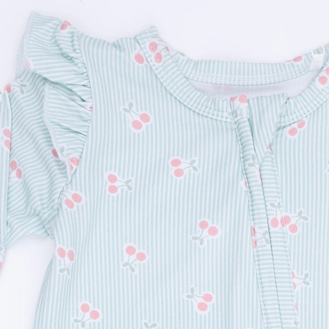 Tiny Cherry Stripe  2 Way Ruffle Sleeve Zipper Footie