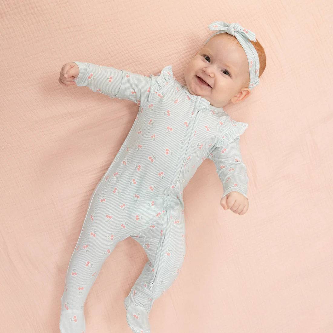 Tiny Cherry Stripe  2 Way Ruffle Sleeve Zipper Footie