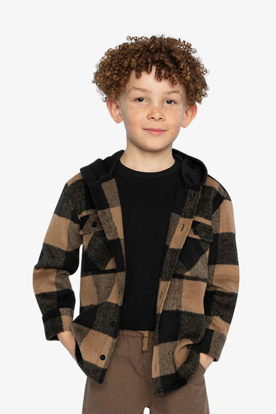 Deux Par Deux Flannel Shirt With Fleece Hood Brown And Black Plaid