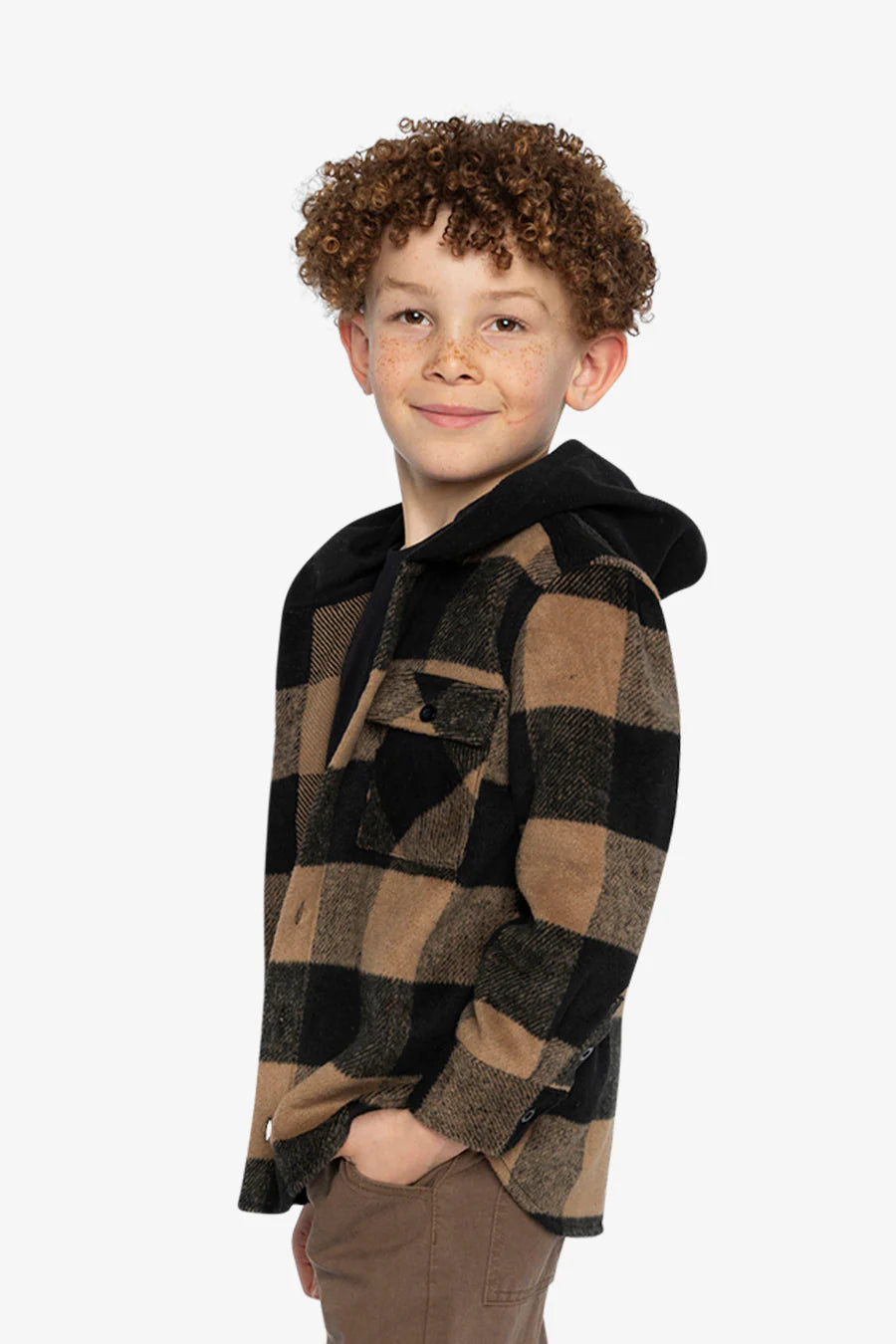 Deux Par Deux Flannel Shirt With Fleece Hood Brown And Black Plaid
