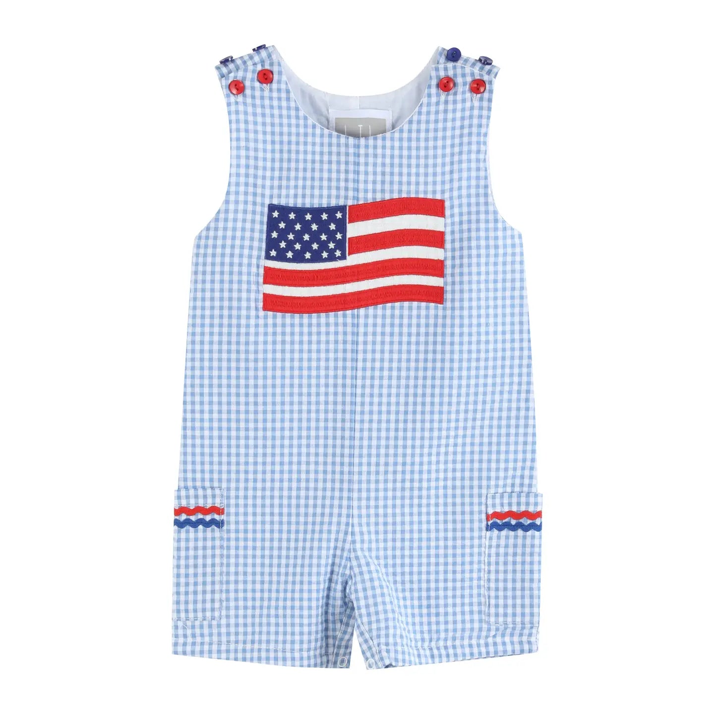 Blue Gingham American Flag Pocket Shortalls