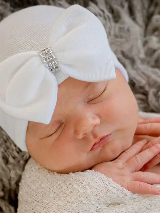 Ilybean Silver Jewel White Bow Newborn Girl Hospital Hat