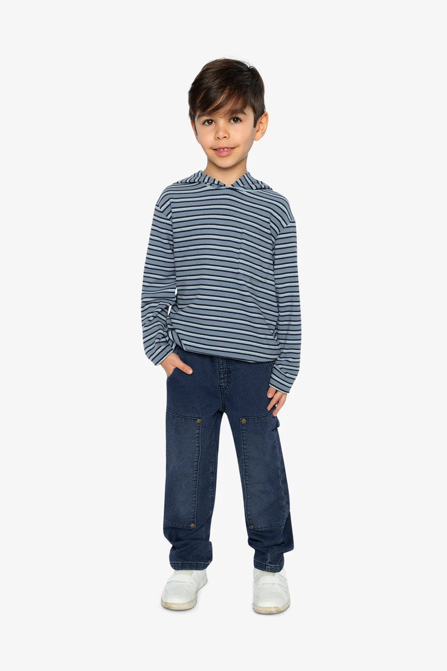 Deux par Deux  Striped Brushed Jersey Hooded T-Shirt Blue And White
