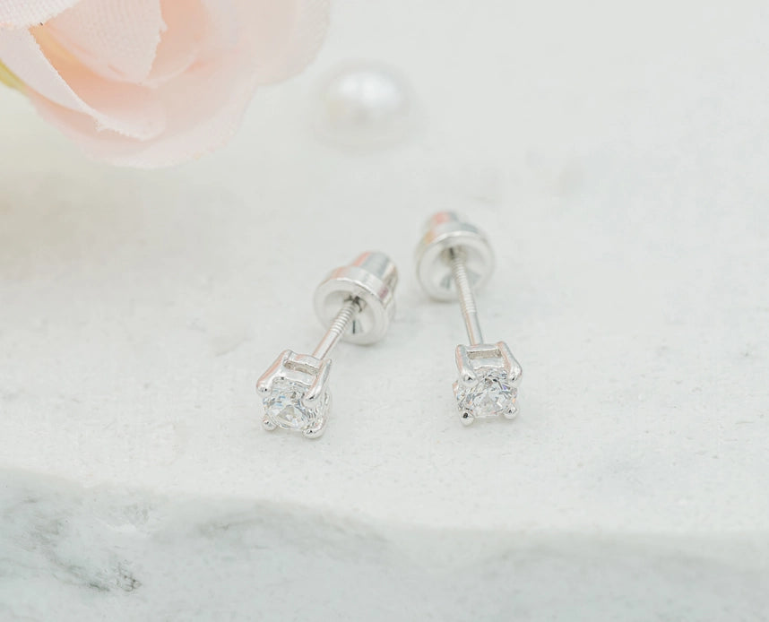 Sterling Silver Clear Cz Stud Earrings For Baby and Children