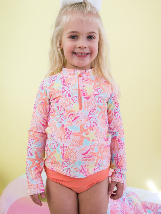 Sunset Seashells Long Sleeve Zipper Rash Guard 2-Piece Swimsuit, with Signature Rear Ruffles