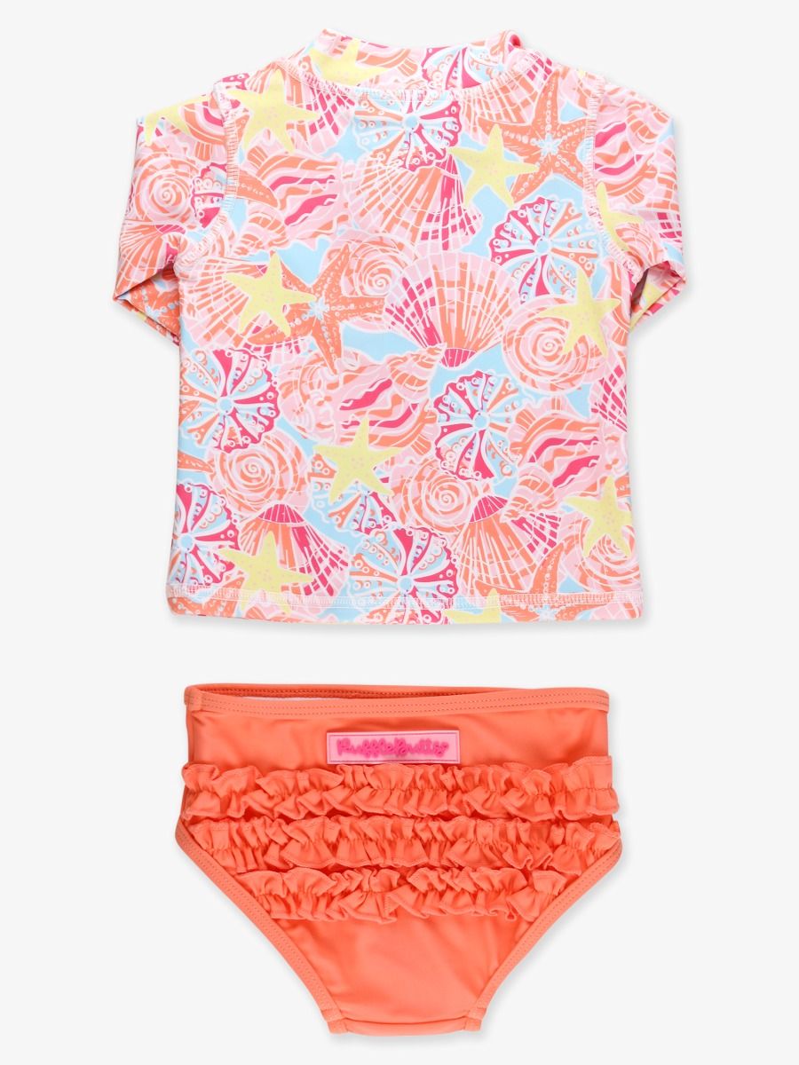 Sunset Seashells Long Sleeve Zipper Rash Guard 2-Piece Swimsuit, with Signature Rear Ruffles