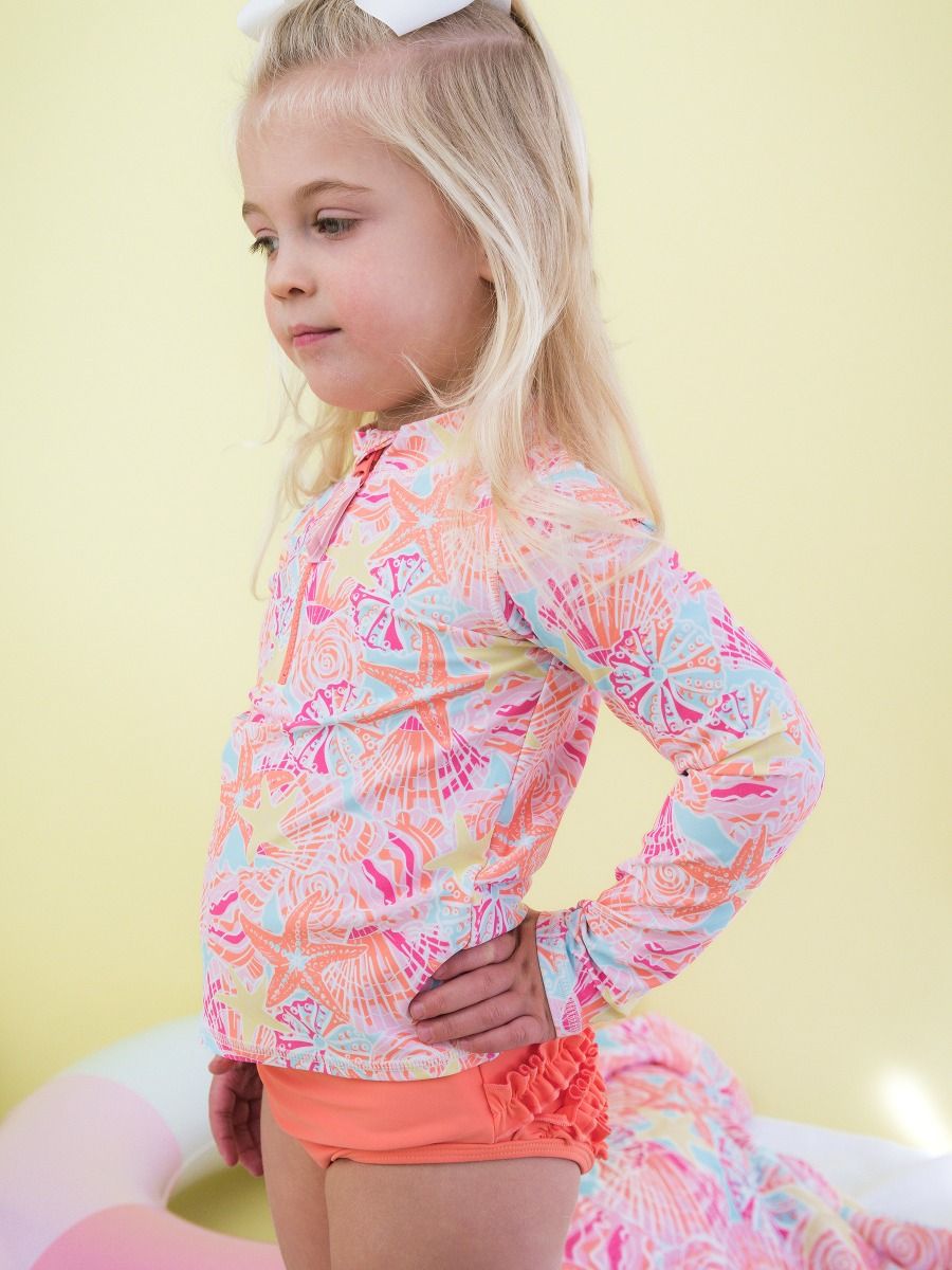 Sunset Seashells Long Sleeve Zipper Rash Guard 2-Piece Swimsuit, with Signature Rear Ruffles