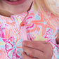 Sunset Seashells Long Sleeve Zipper Rash Guard 2-Piece Swimsuit, with Signature Rear Ruffles