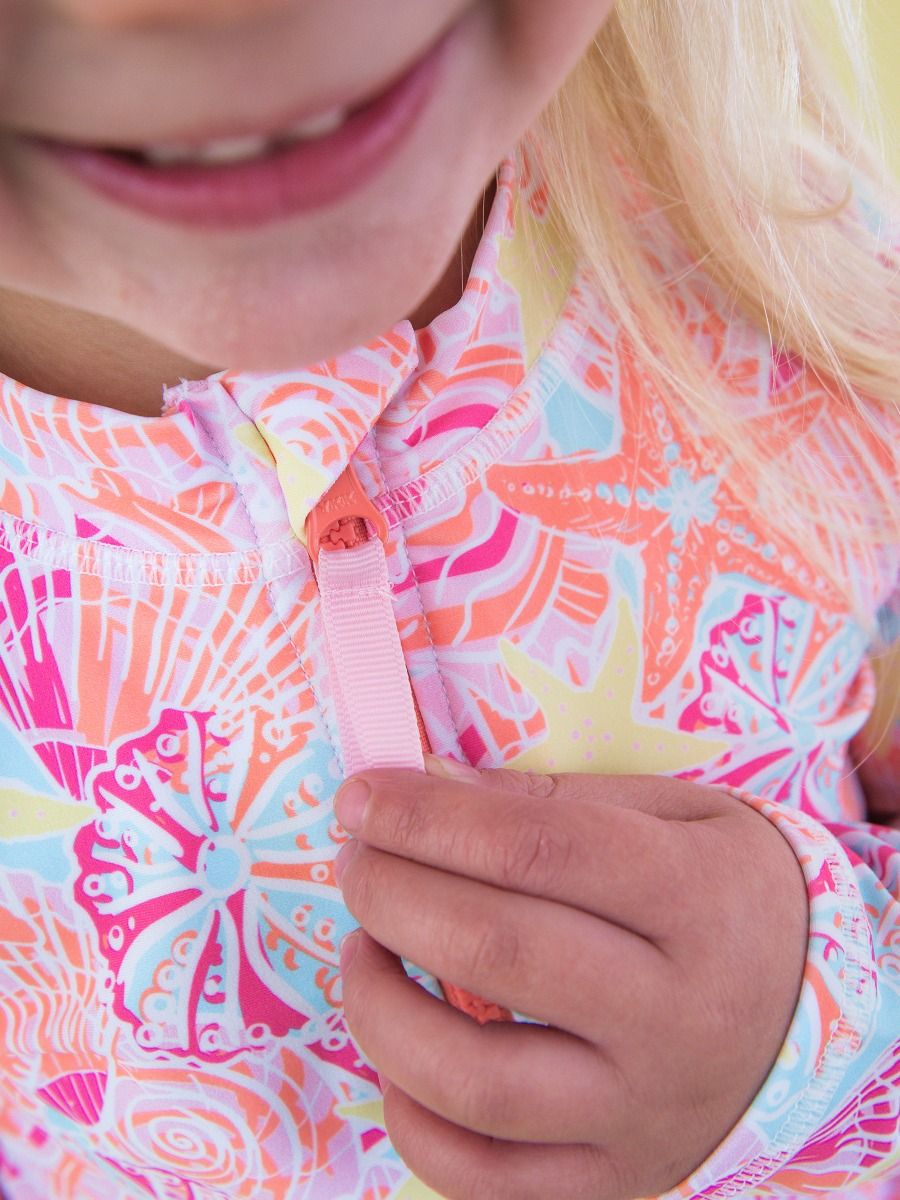 Sunset Seashells Long Sleeve Zipper Rash Guard 2-Piece Swimsuit, with Signature Rear Ruffles