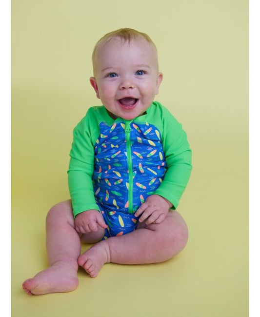Neon Surfs Up Long Sleeve One Piece Rash Guard Swimsuit