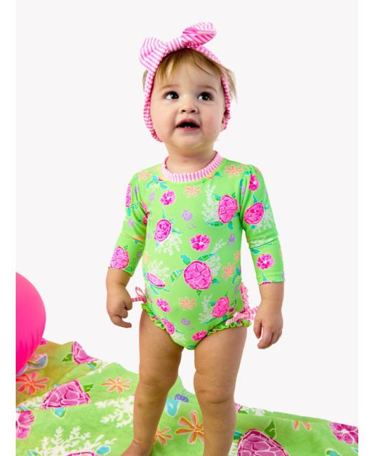 Neon Turtle Tide Long Sleeve One Piece Rash Guard Swimsuit, with Signature Rear Ruffles