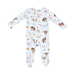 2 Way Zipper Footie - Vintage Animals Faces Blue