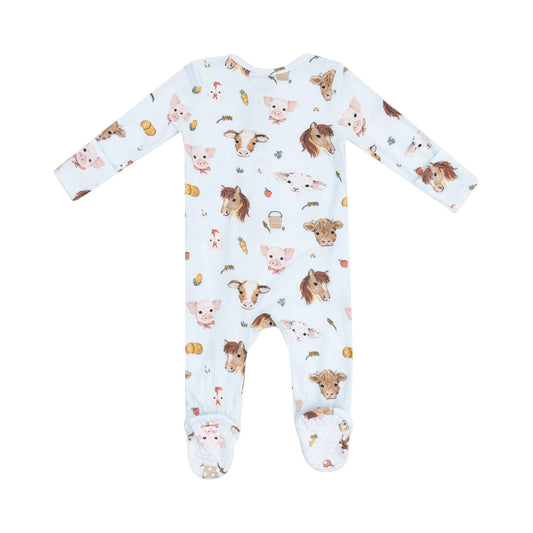 2 Way Zipper Footie - Vintage Animals Faces Blue