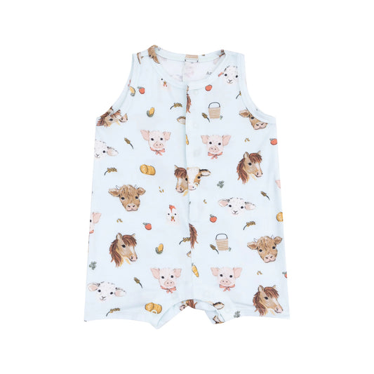 Sleeveless Shortie Romper - Vintage Animals Faces Blue