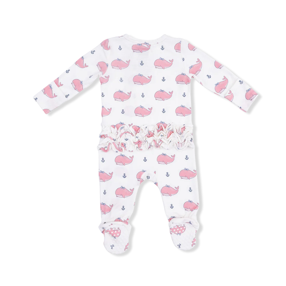 Bubbly Whale with Bow Pink 2 Way Ruffle Back Zipper Footie
