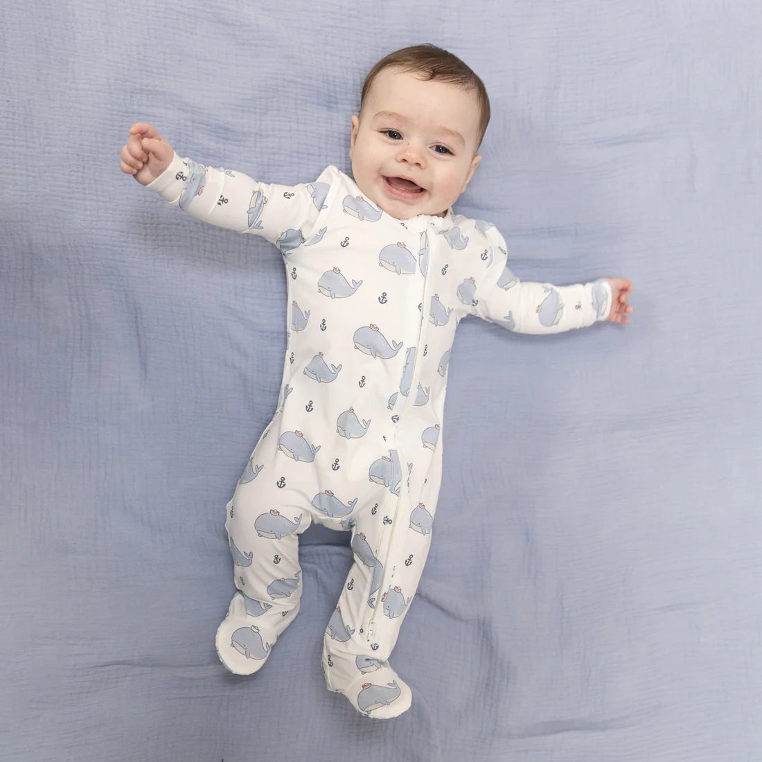 Bubbly Sailor Whales Blue  2 Way Zipper Footie