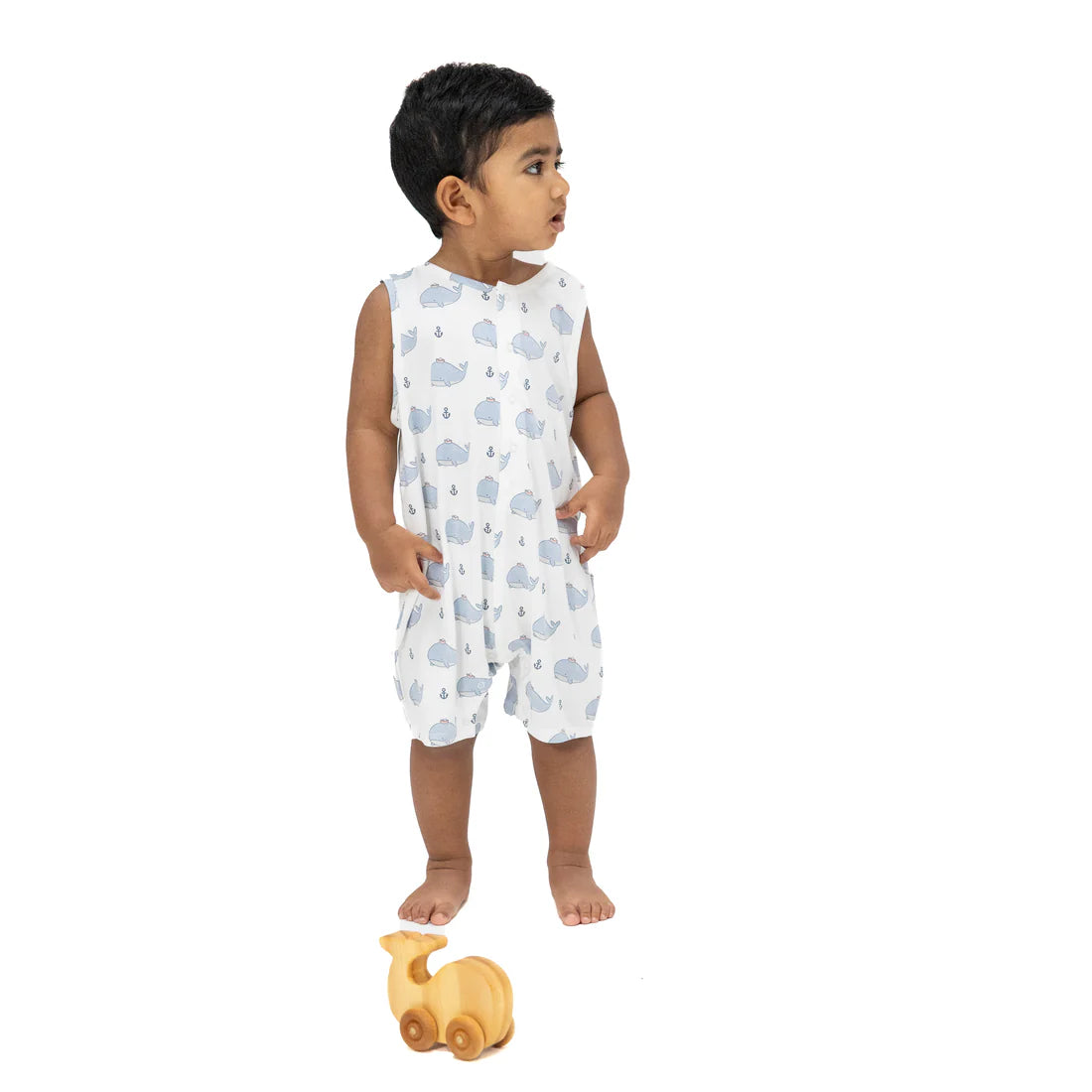 Bubbly Sailor Whales Blue  Sleeveless Shortie Romper