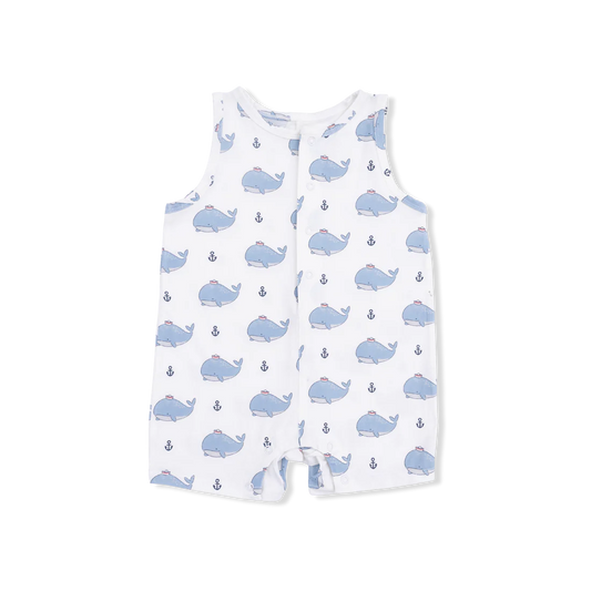 Bubbly Sailor Whales Blue  Sleeveless Shortie Romper