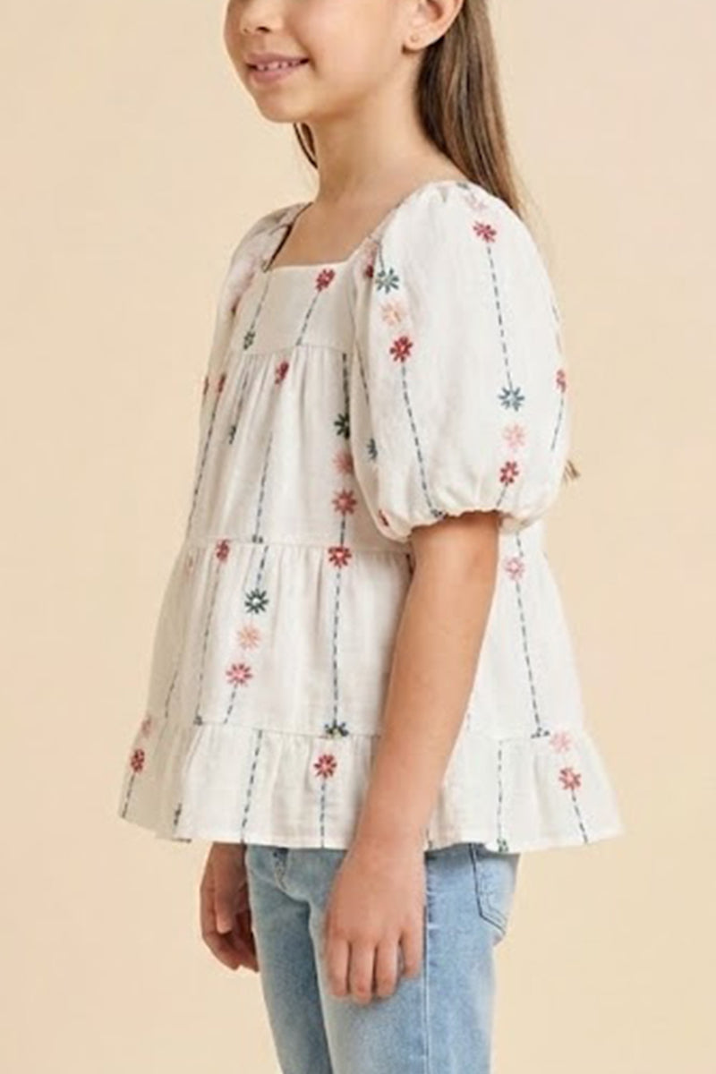 Floral Embroidered Puff Sleeve Tiered Top