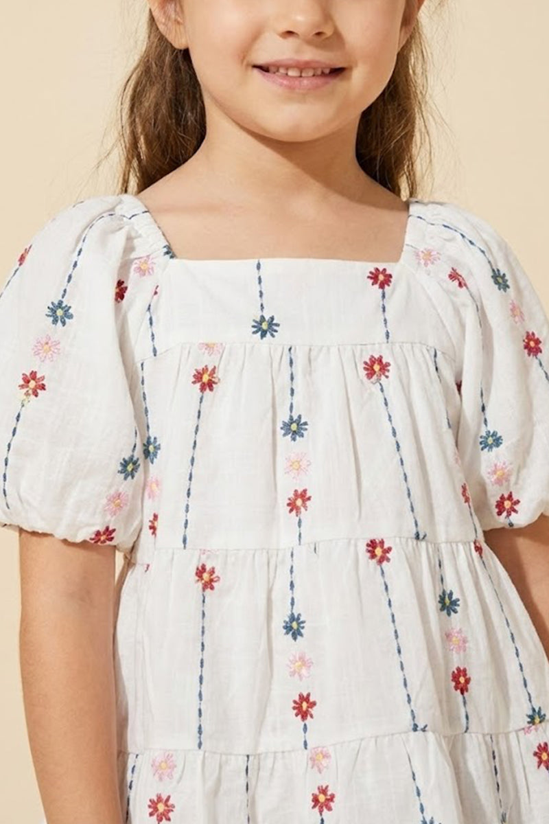 Floral Embroidered Puff Sleeve Tiered Top