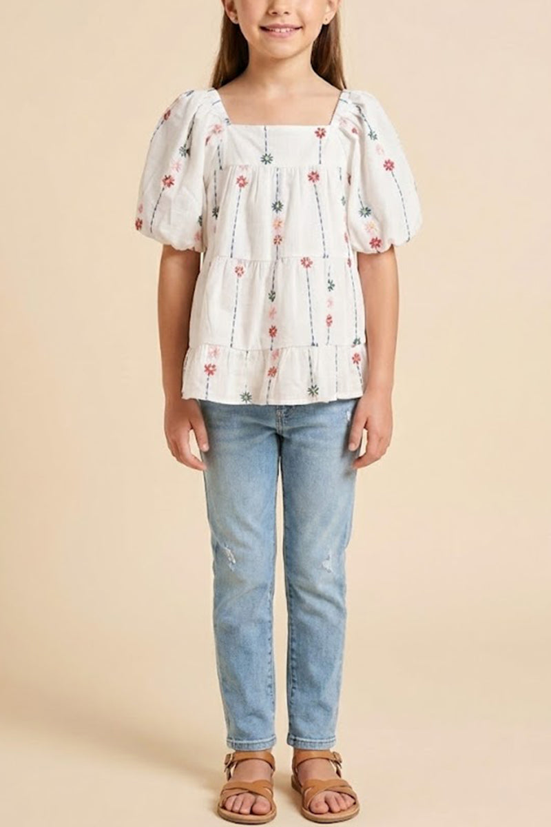 Floral Embroidered Puff Sleeve Tiered Top