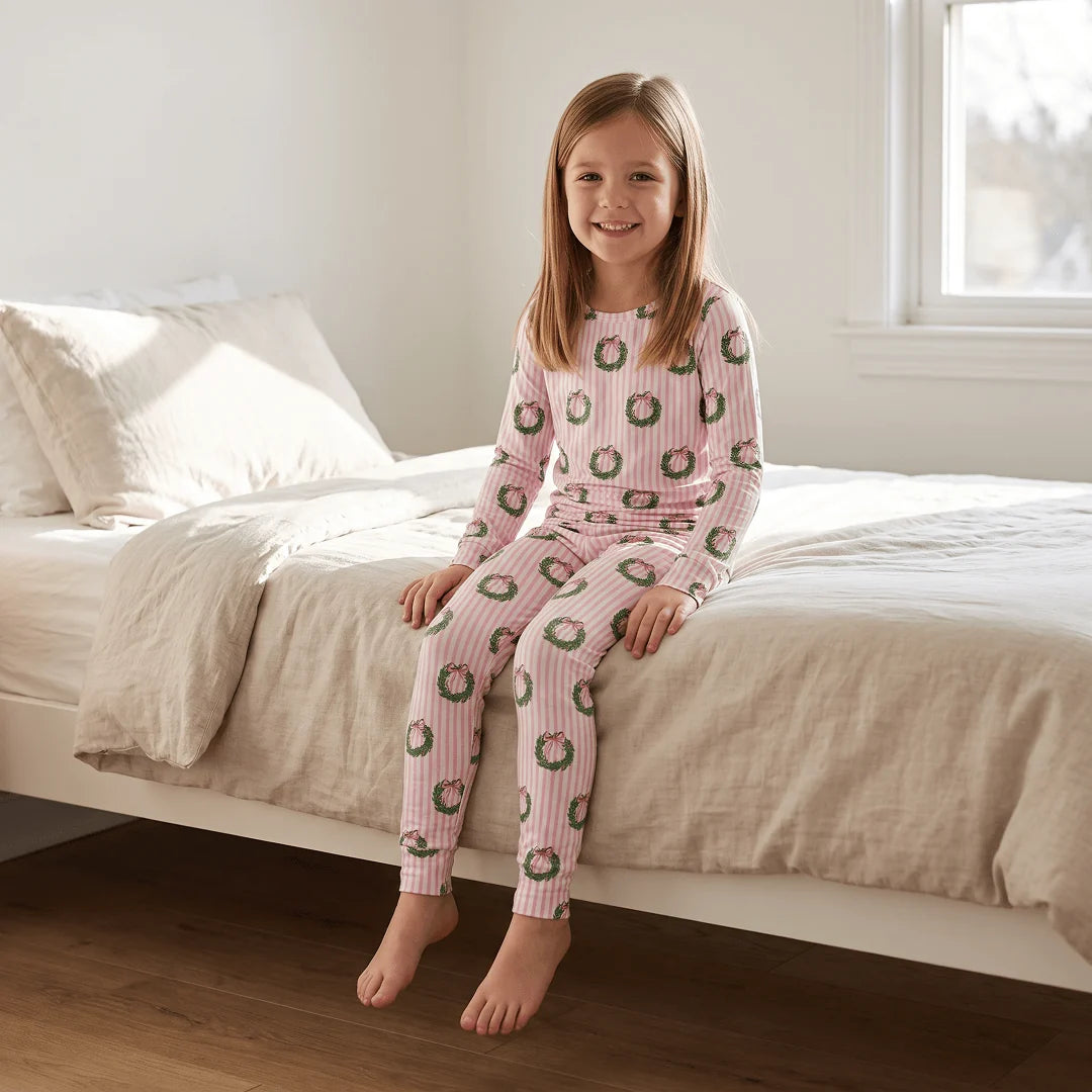 Sweet Bamboo Big Kid Pajama Set - Holiday Wreath Stripe